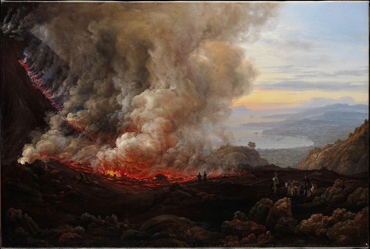 Historical painting of Mount Vesuvius erupting, with smoke billowing over a fiery volcanic landscape.